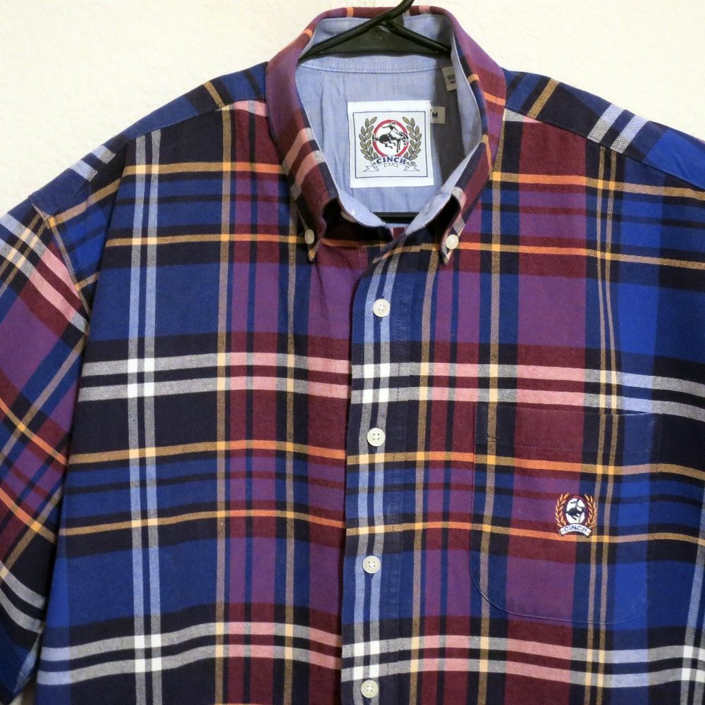 Cinch Shirt Mens Medium Long Sleeve Button Western Blue Maroon White Plaid